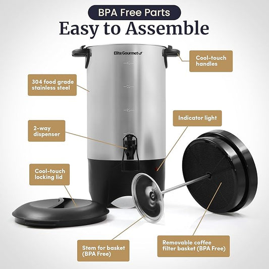 Elite Gourmet CCM040 Stainless Steel 40 Cup Coffee Urn Removable Filter For Easy Cleanup, Two Way Dispenser with Cool-Touch Handles Electric Coffee Maker Urn, Stainless Steel