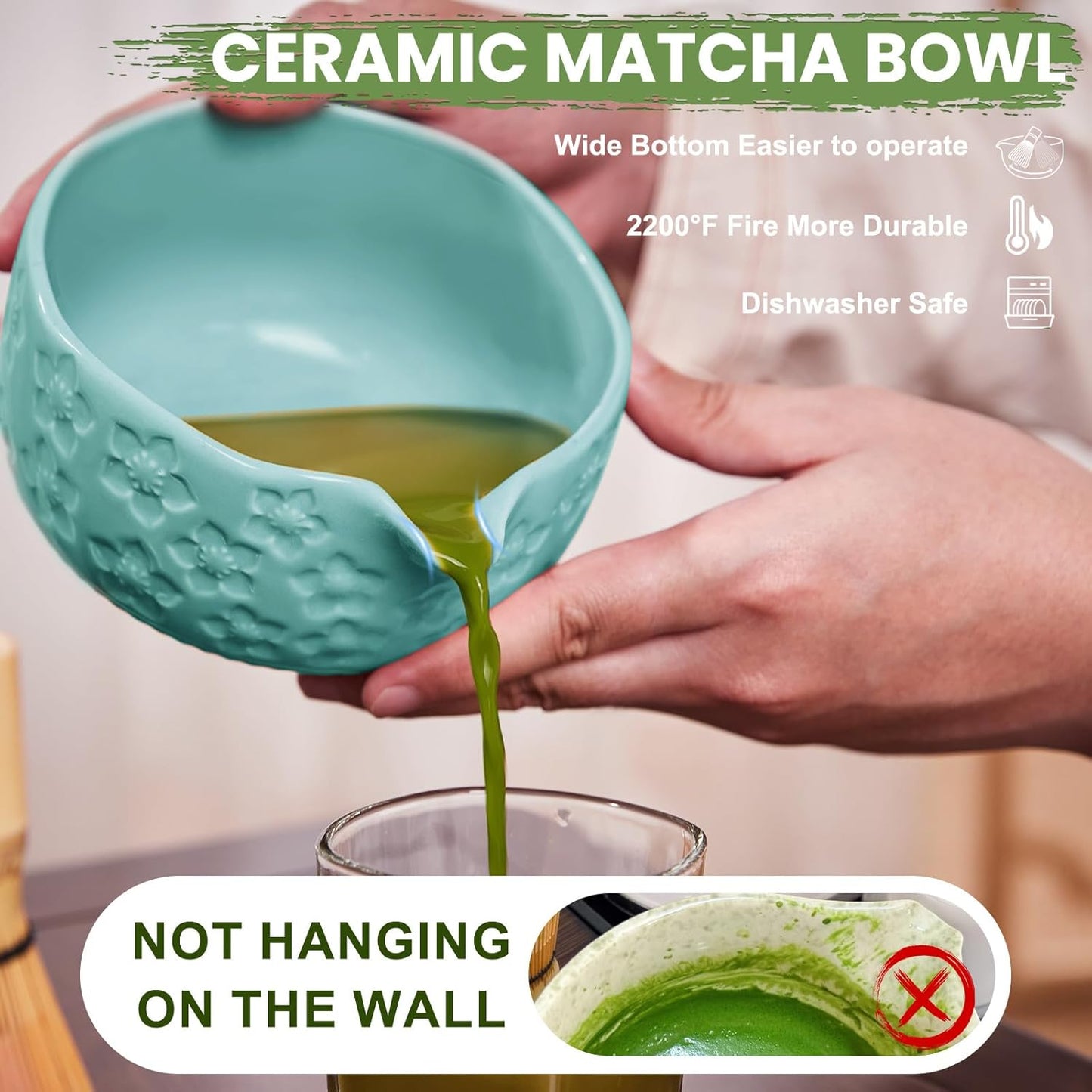 Matcha Whisk Set, Sakura Blue Ceramic Matcha Set Includes Matcha Bowl, Matcha Whisk (Chasen) and Holder, Sifter, Bamboo Scoop & Spoon - 6 Pcs Matcha Kit for Matcha Lovers