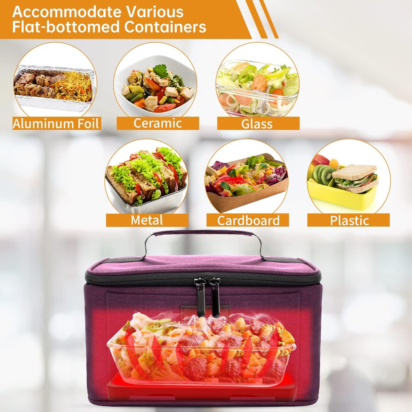 Aotto Portable Oven, Electric Lunch Box Food Heater - 12V/24V/110V 3-in-1 Car Food Warmer - Heated Lunch Box for Adults - Cook, Reheat & Keep Meals Warm for Vehicle, Travel, Work, Home - Deep Purple