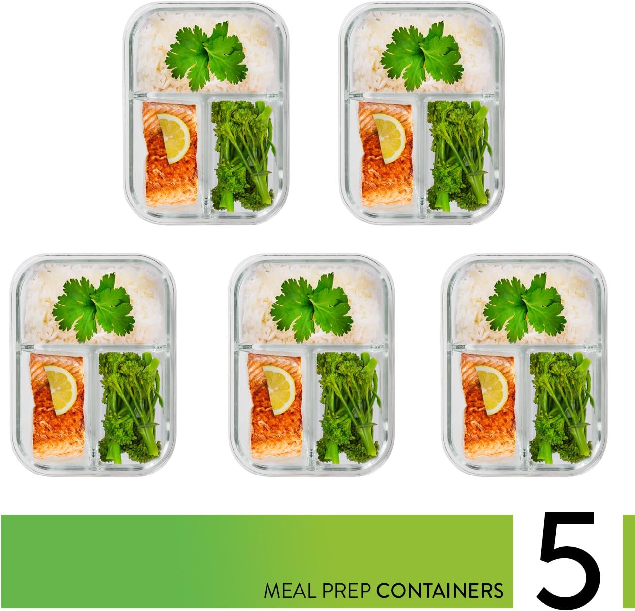 PrepNaturals 5 Pack 34 Oz Glass Meal Prep Containers - Dishwasher Microwave Freezer Oven Safe - Glass Storage Containers with Lids (Multi-Compartment)