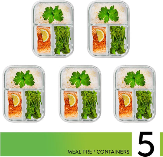 PrepNaturals 5 Pack 34 Oz Glass Meal Prep Containers - Dishwasher Microwave Freezer Oven Safe - Glass Storage Containers with Lids (Multi-Compartment)