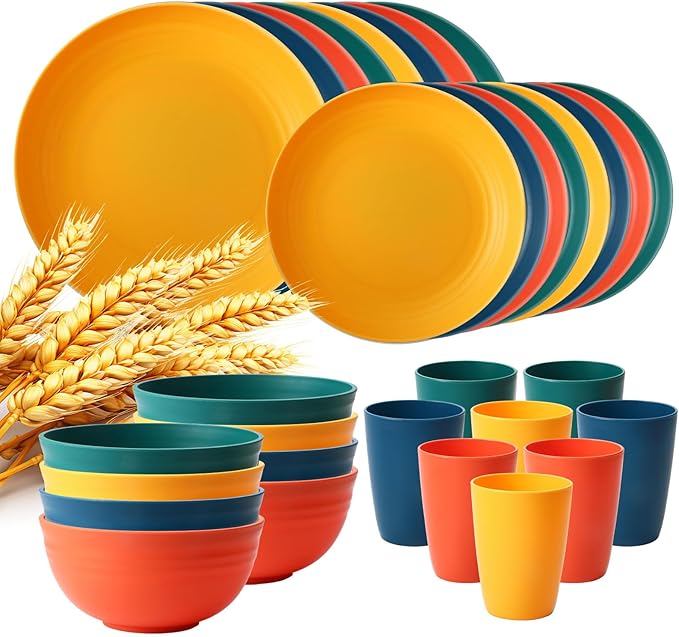 Lazycorner 32Pcs Kitchen Wheat Straw Dinnerware Set, Service for 8, Plastic Reuasble Dinner Dishes Serving Plate Set for Kitchen, Including Dinner Plate, Dessert Plate, Bowl, Cup(Multicolor)