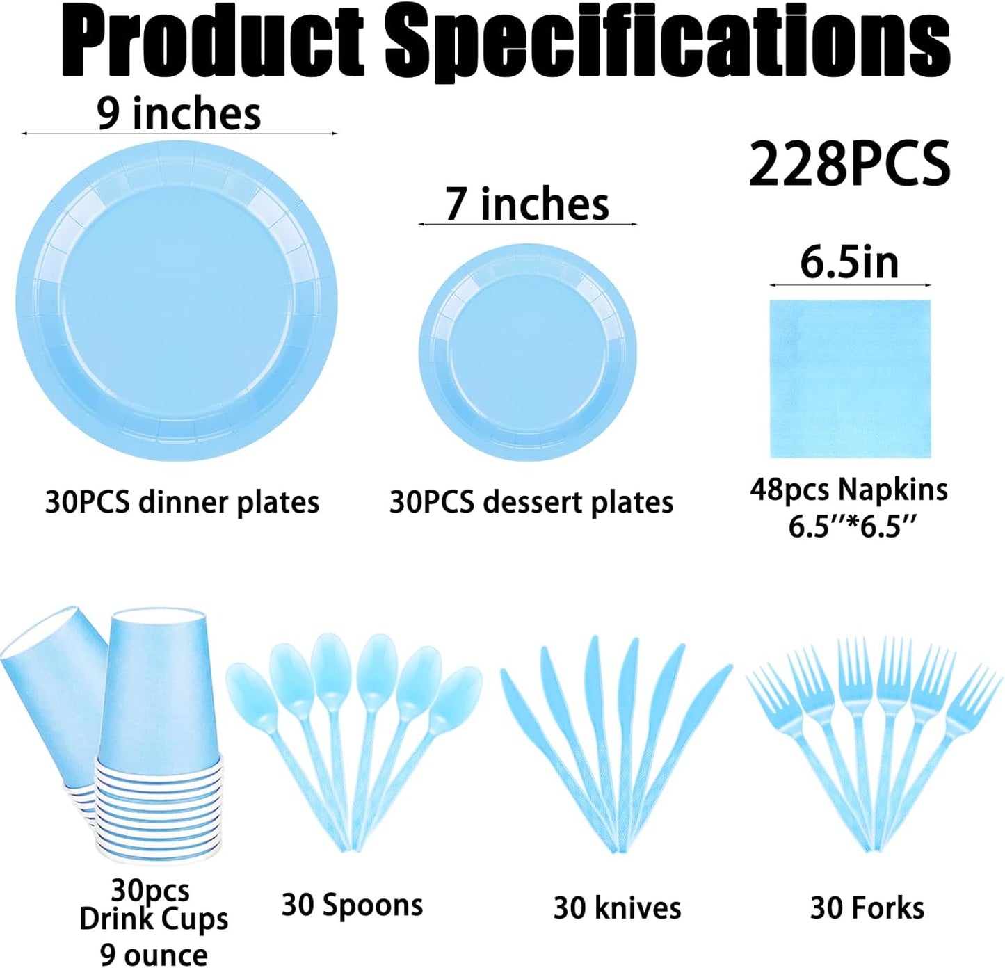 TWOWYHI 228PCS Light Blue Party Supplies Set Include Paper Plates Cups Paper Napkins Plastic Spoons Forks Knives for 30 Guests Disposable Party Dinnerware for Birthday Wedding Family Picnic