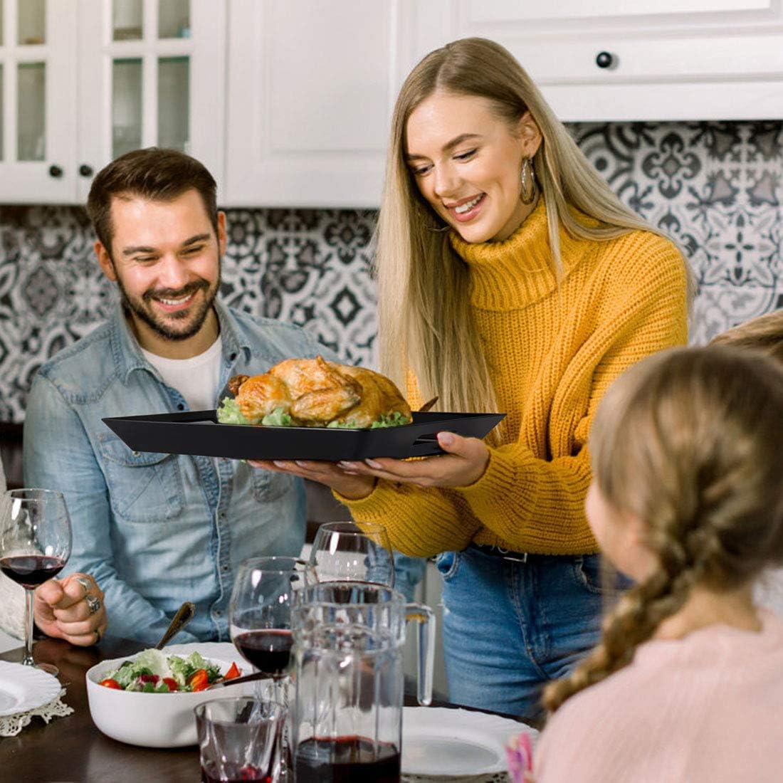 i BKGOO Black Large Tray,Melamine Serving Tray with Handles, Set of 2 Rectangular Tray for Food Organizer,Breakfast, Lunch, Dinner 15.5 x 12.2 x 1.6 inch