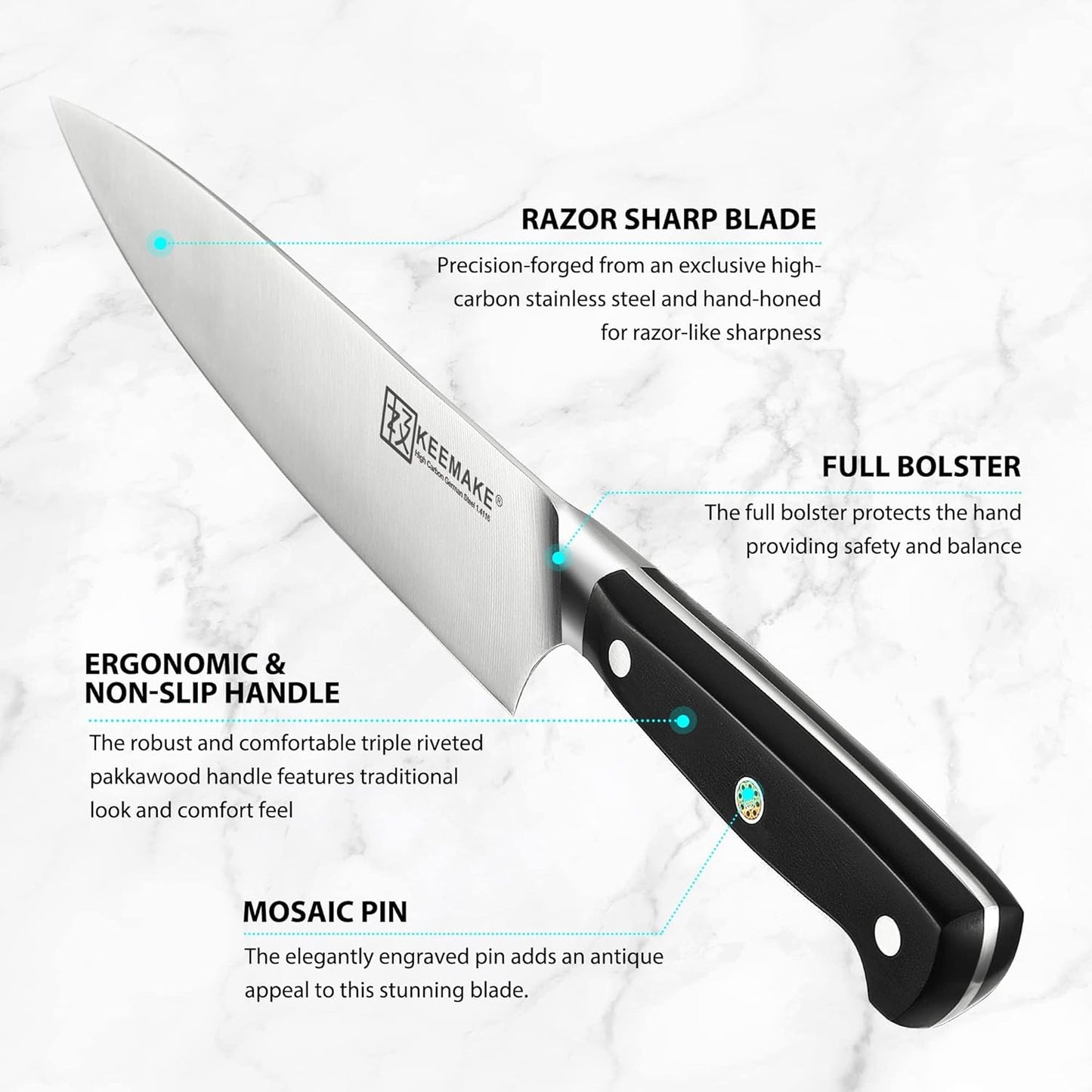 KEEMAKE Knife Block Set, 15Pcs High Carbon Stainless Steel Kitchen Knife Set with Block, Ultra Sharp Knives Set for Kitchen with Knife Sharpener Kitchen Scissors, Forged Chef Knife Set