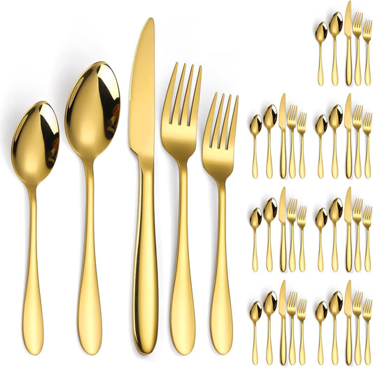 Gold Silverware Set for 8 Stainless Steel Flatware 40 Pieces Forks Knives and Spoons Heavy Utensils Thick Handle for Restaurant Parties Formal Occasions Everyday Use