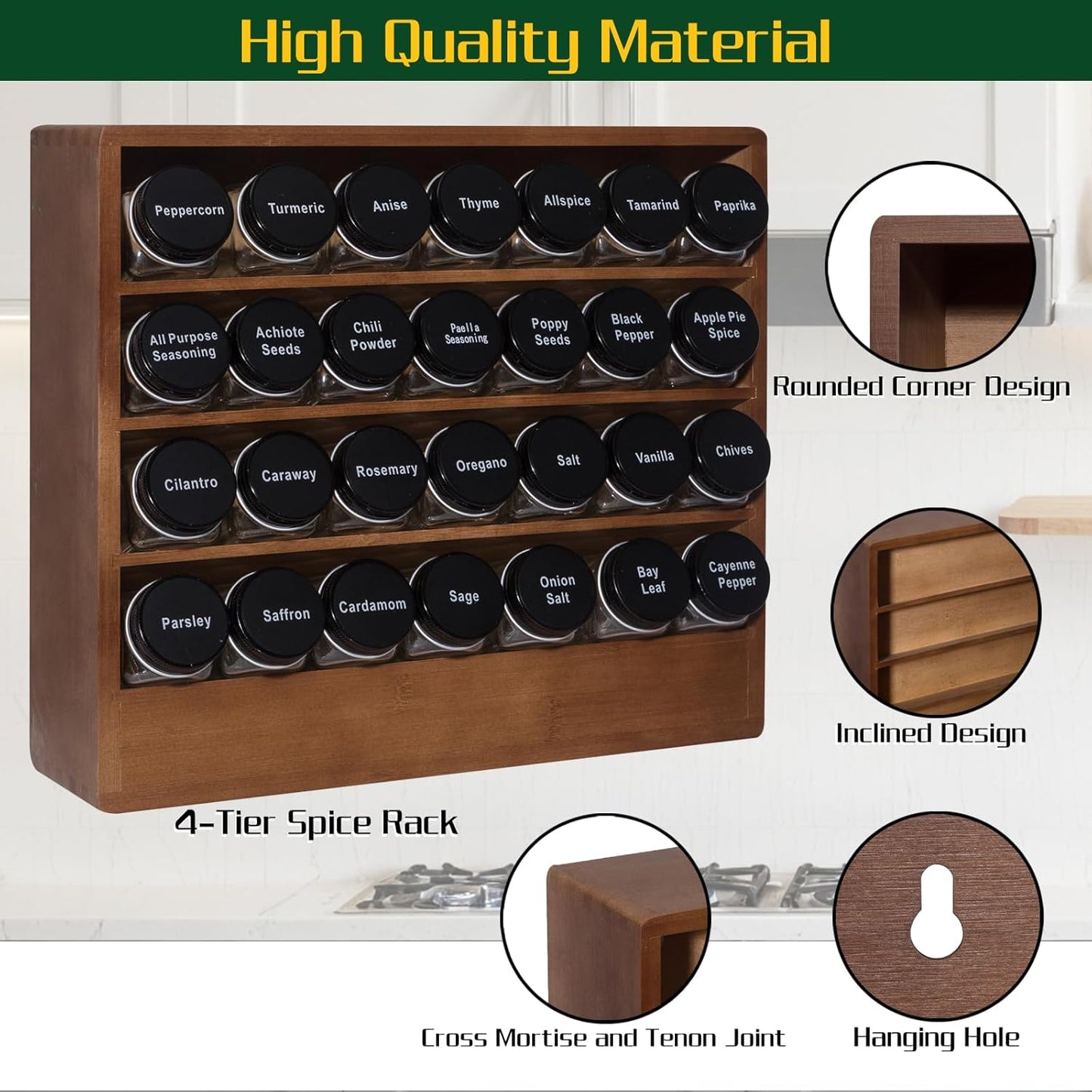 Bamboo Tiered Spice Rack Organizer for Cabinet,Wooden Seasoning Rack for Countertop, Cupboard, Pantry, Kitchen (Spice Jars Included)