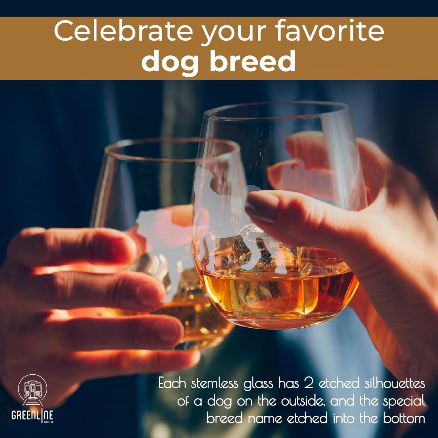 Greenline Goods Pug Stemless Wine Glasses (Set of 2) - Unique Gift for Dog Lovers - Hand Etched with Breed Name on Bottom