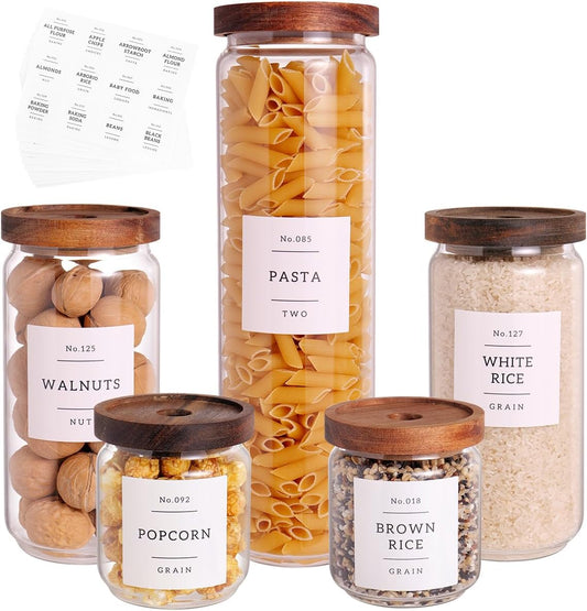 5 Set Glass Pantry Storage Jars with Acacia Airtight Lid - Thicken Glass Kitchen Canisters with 132 Pantry Labels - Clear Glass Food Storage Containers with Wood Lid for Tea,Sugar,Candy,Cookie,Pasta