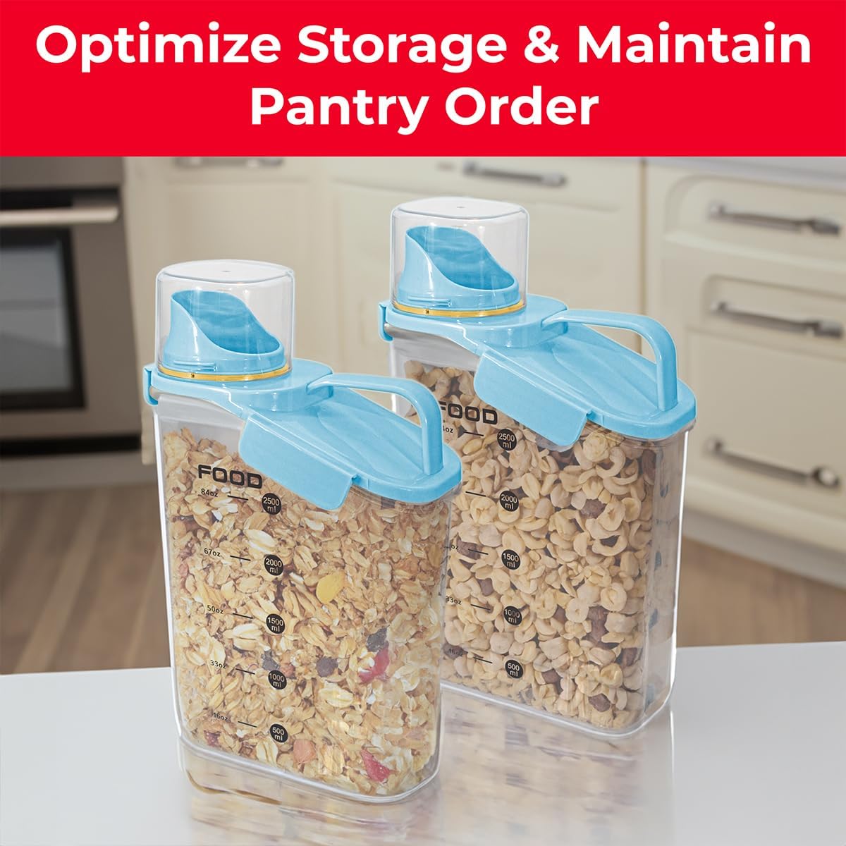Two Pack Food & Cereal Storage Container - 2.6L Airtight Plastic Kitchen Organizer Bin with Pouring Spout, Measuring Cup Lid, Ideal for Dry Food, Rice, Sugar, Pet Food dispenser - BPA free (Blue)