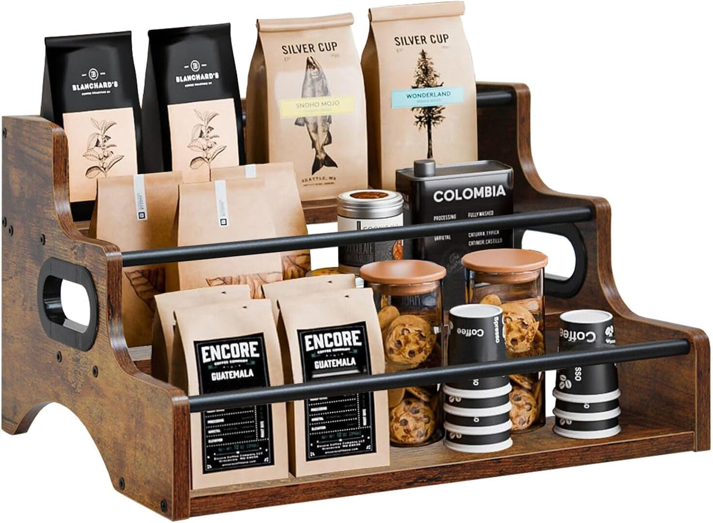 AT-VALY 3-Tier Countertop Wine Rack, Iron&MDF Kitchen Storage Shelf, Space-Saving Countertop Organizer for Spices, Herbs, Seasonings, Sturdy Stylish Condiment Holder(Rustic Brown)