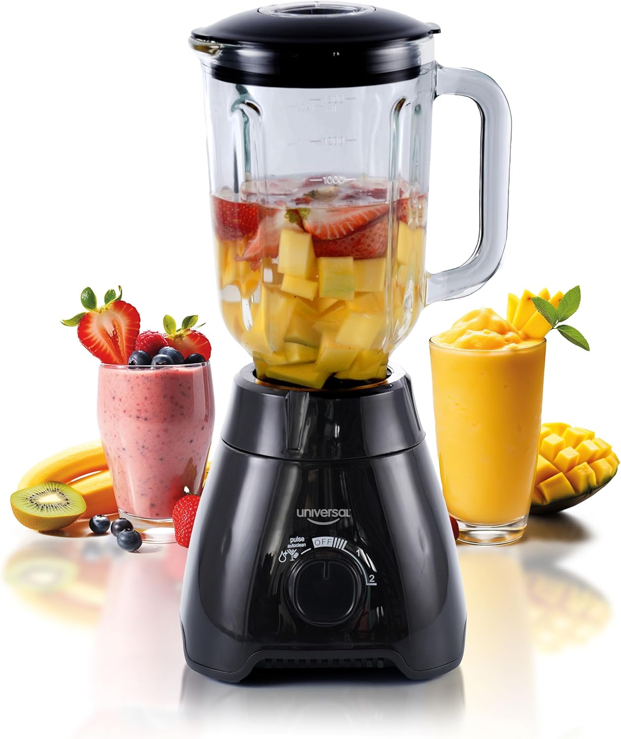 Universal 550W Mass Vital Blender - Glass Jar 57 Oz/1.8 Quart/1.7 Liter - 7-cup, 2 Speed + Pulse Function and 4 Stainless Steel Blade with Chrome Steel Technology
