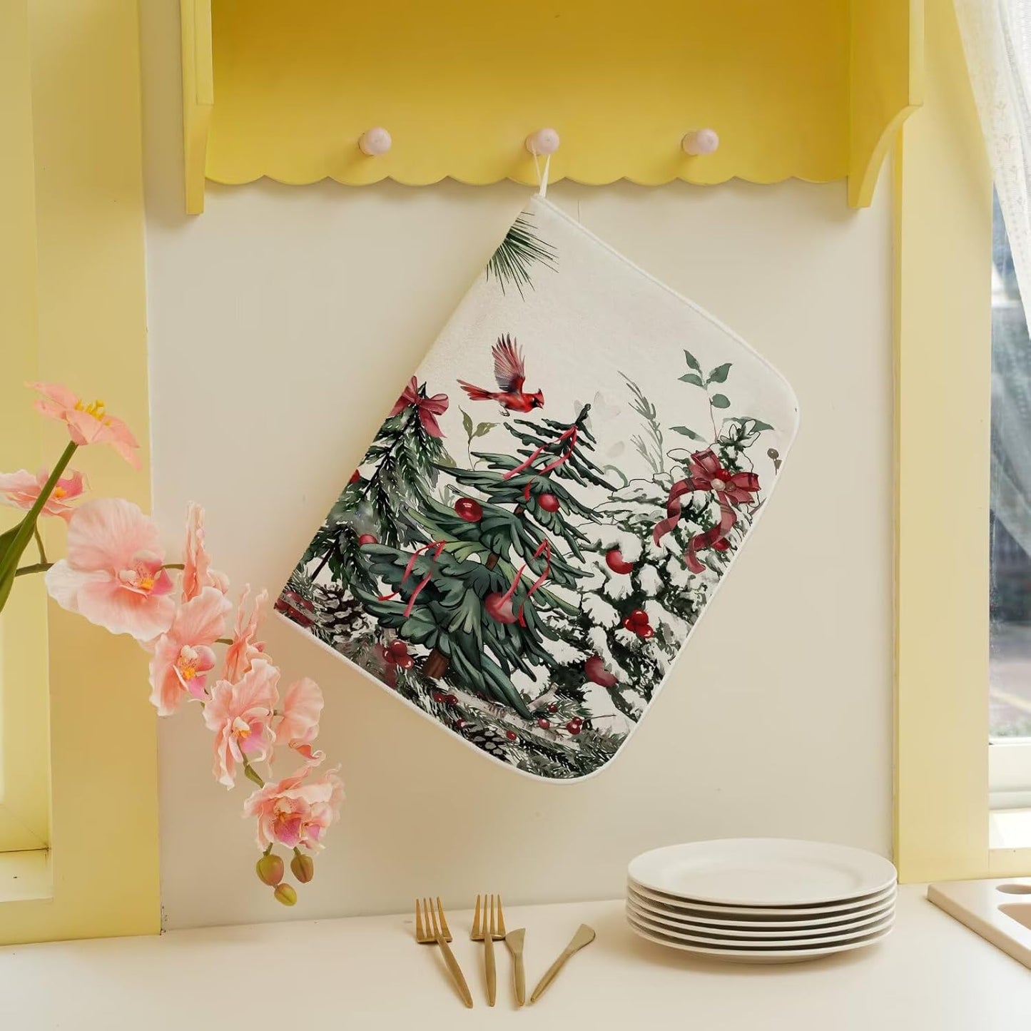 Christmas Dish Drying Mat 18 x 24 inch Winter Christmas Tree Pine Trees Decorative Drying Mats Microfiber Absorbent Xmas Decor Dish Washable Draining Mat for Kitchen Counter