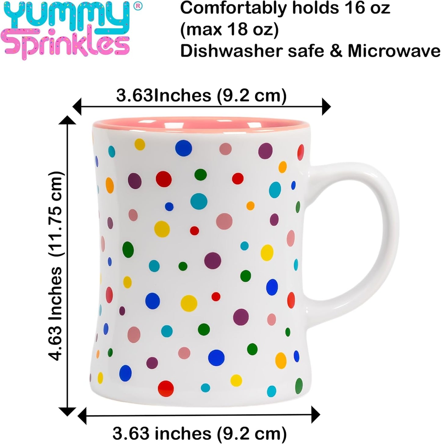 Mug | Rose Pink Cute Coffee Mug with Confetti Polka Dot Rainbow Sprinkles | Birthday cake Coffee Cup Gift | Large White Ceramic Cup with Green, Yellow, Red, Pink, and Blue Sprinkles