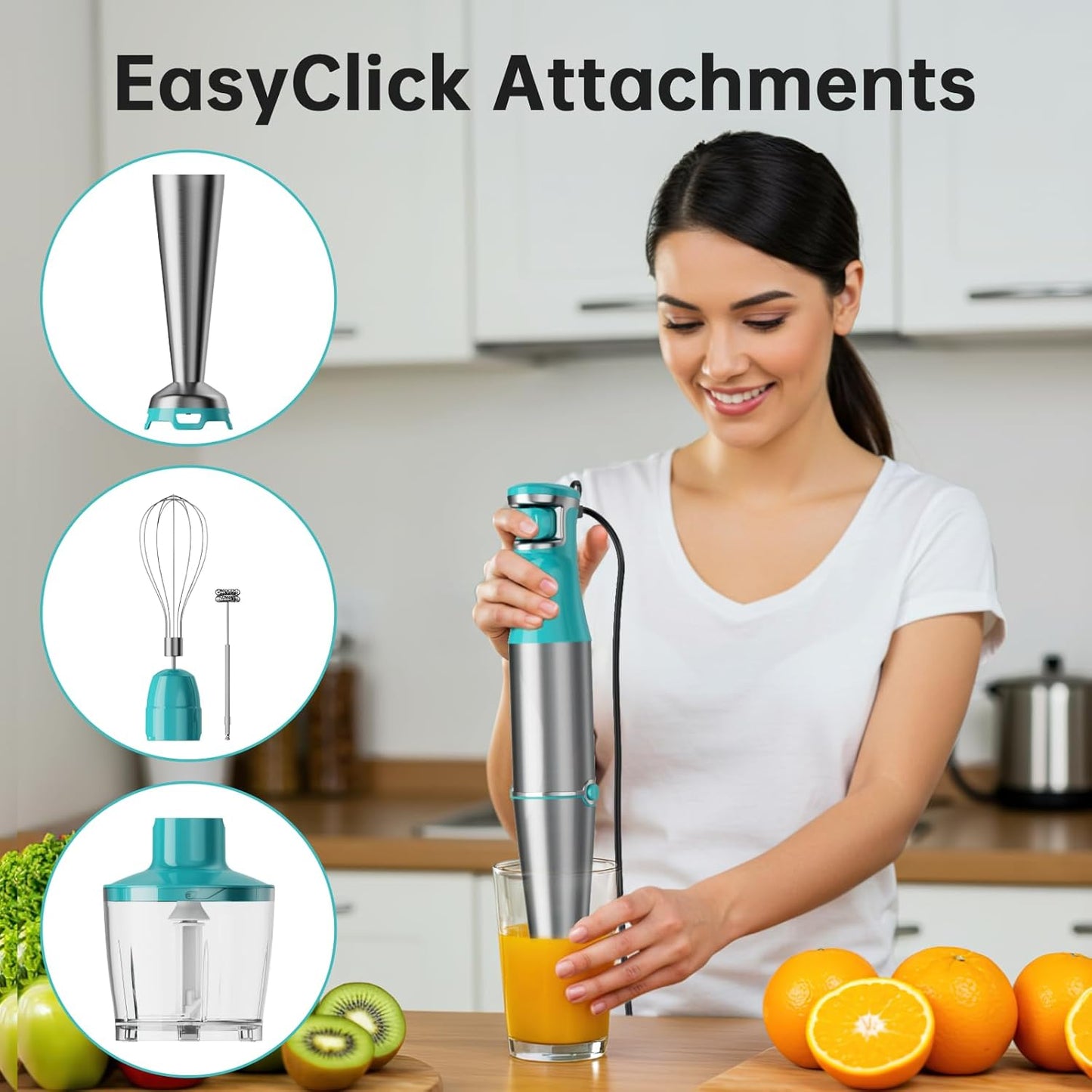 Immersion Blender Handheld Corded Hand Blenders Set 1100W, Trigger Variable Speed 5 in 1 Stick Emulsifier with Chopper, Whisk and Frother for Soup, Baby Food and Smoothies, Cyan Blue