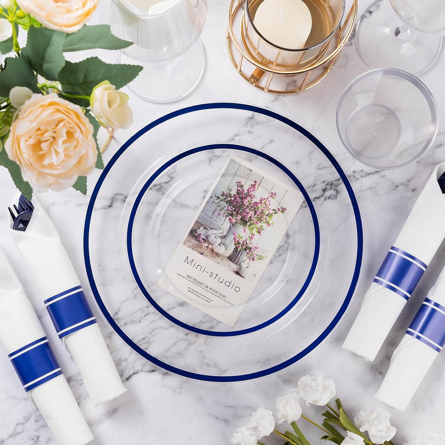 Goodluck 350 Piece Dark Blue Plastic Dinnerware Set for Party, Clear Disposable Plates for 50 Guests, Include: 50 Dinner Plates, 50 Dessert Plates, 50 Pre Rolled Napkins with Cutlery Set, 50 Cups