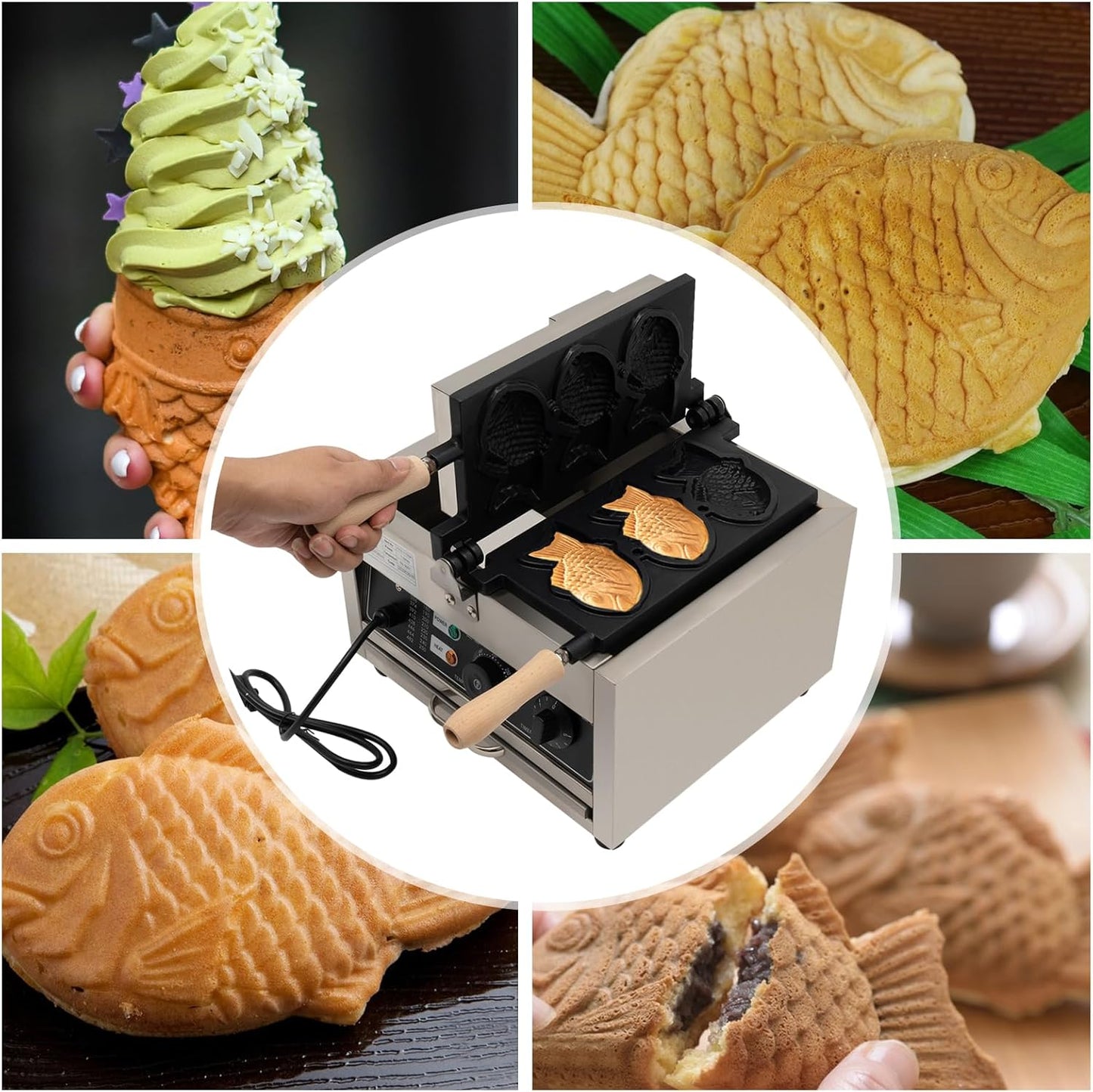 3Pcs Commercial Taiyaki Fish Waffle Maker 1500W Electric Nonstick Fish-Shaped Waffle Baker Machine for Family, Restaurants, Food Stores