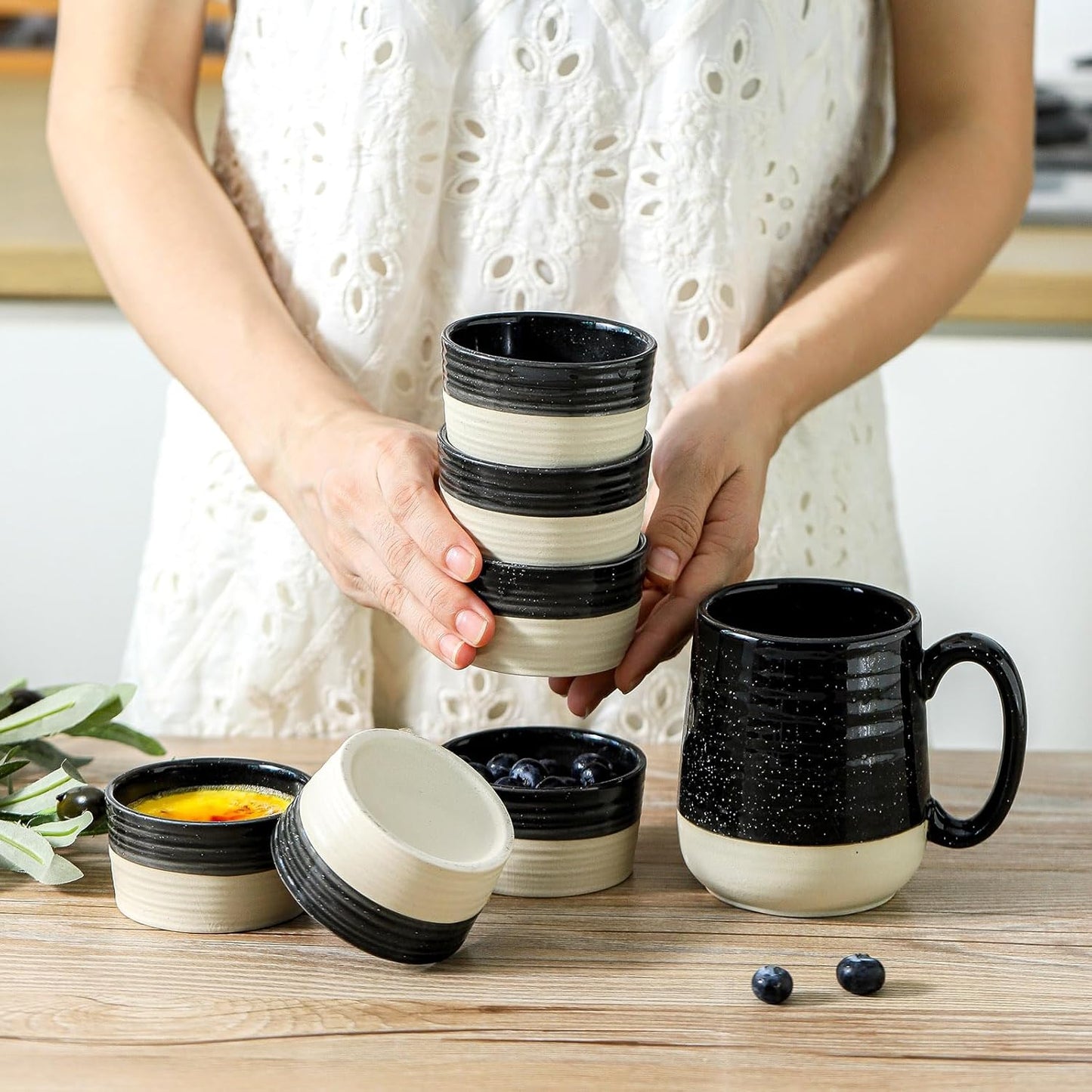 Ramekins 4 OZ Oven Safe,Set of 6 Ceramic Creme Brulee Ramekins,Mini Dessert Bowls for Souffle,Dipping Sauce,Ice Cream,Pudding and Charcuterie,Microwave & Oven Safe,Patchwork Black