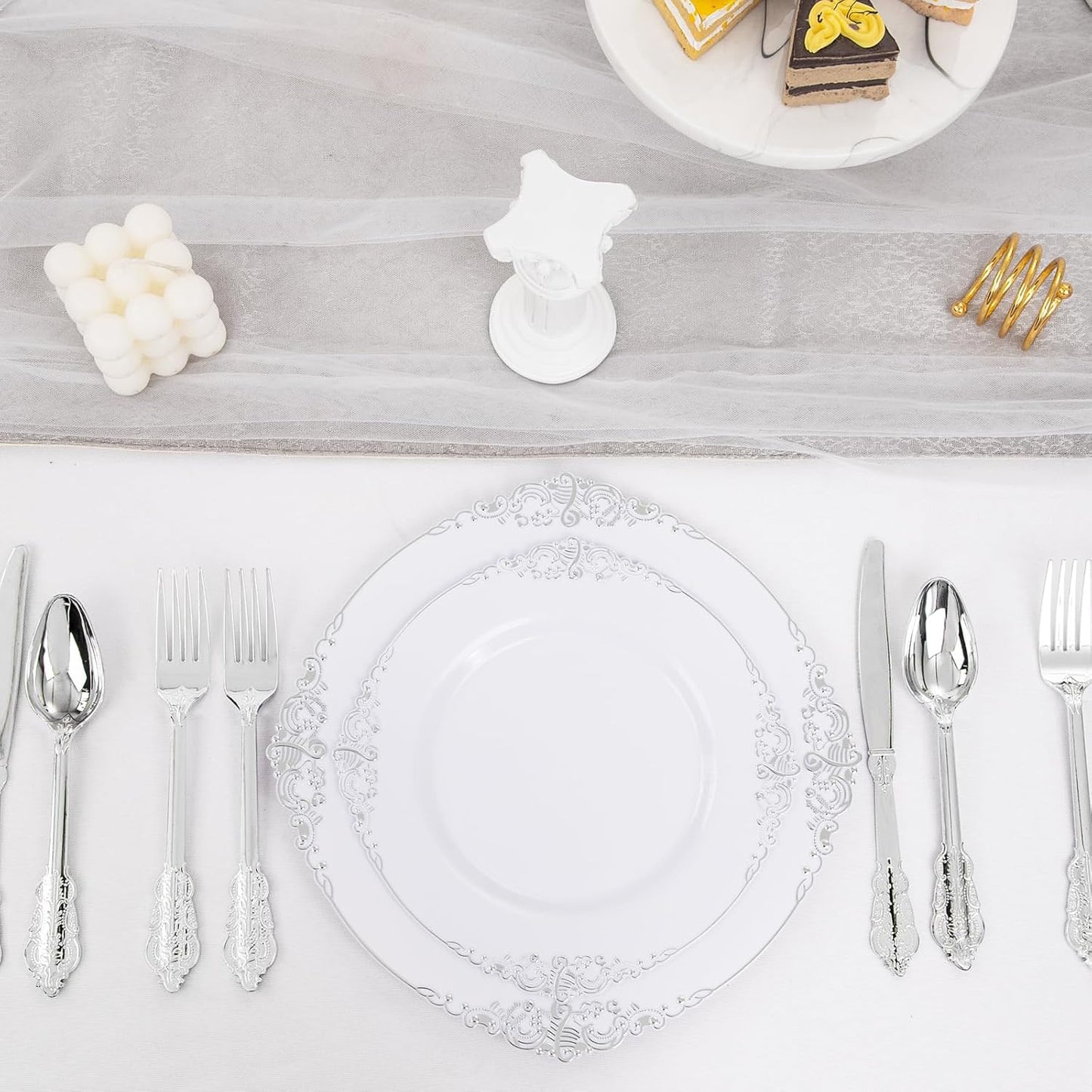 102PCS White and Silver Plastic Plates - Heavyweight Silver Plate - Wedding Plate with Silver Rim - Fancy Dinner & Dessert Plates for 51 Guests Weddings & Parties & Christmas