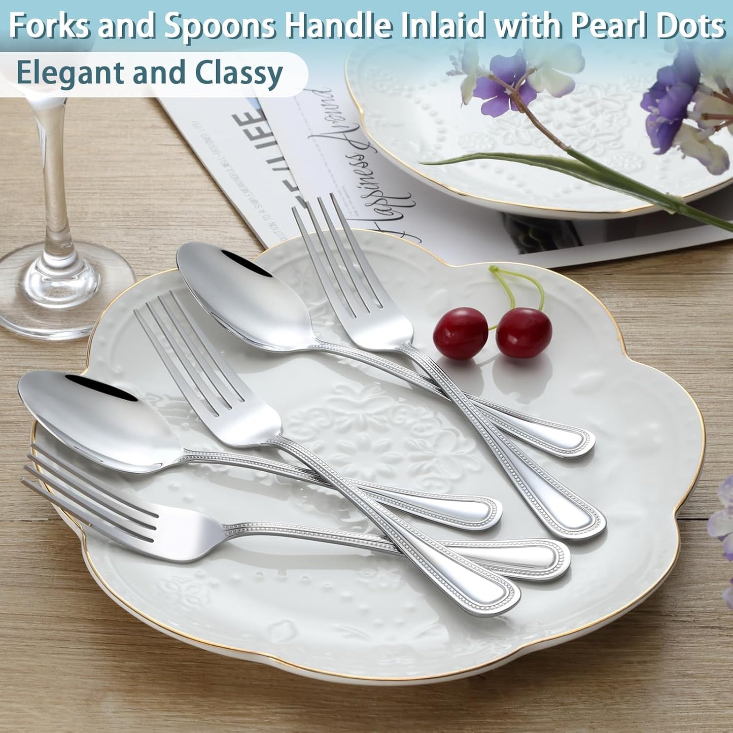 24 PCS Spoons and Forks Set, Food Grade Stainless Steel with Pearl Dot Design Handle Silverware Set, Mirror Polished Dishwasher Safe, Silverware Forks and Spoons for Home or Restaurant
