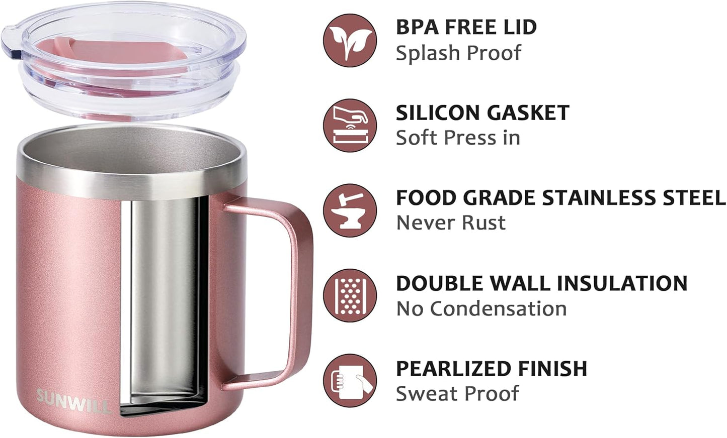 SUNWILL Travel Coffee Mug with Lid, Insulated Tumbler with Handle, 14 oz Stainless Steel Cup Set of 2 for Camping, Outdoor, Cool Grey & Rose Gold 2 Pack