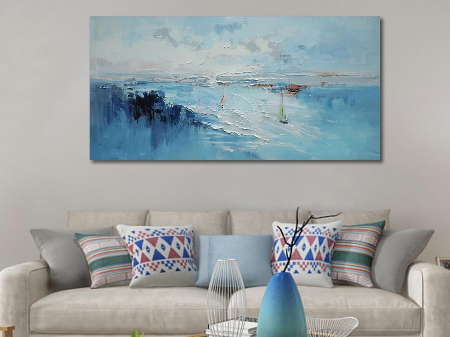 Ardemy Abstract Wall Art for Living Room Extra Large Teal Coastal Sailboat Textured Bedroom Pictures Wall Decor Artwork for Walls Home Office Kitchen Dining Room, 58"x29"