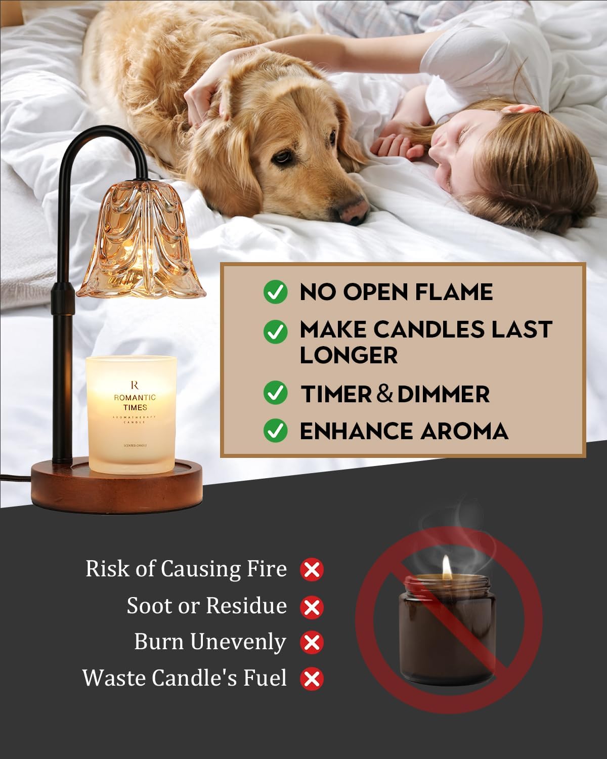 Small Candle Warmer Lamp with Timer, Adjustable Flower Lamp Warmer for Jar Candles, Unique Women Gifts for Birthday, Dimmable Candle Heater, Christmas Gifts, Cute Wax Warming Light with Wood Base