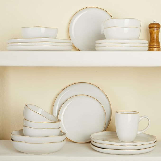 32 Piece White Dinnerware Set with Pasta Bowls, Reactive Glaze Stoneware for 8 | Perfect for Multi‑Course Dinners, Hosting Large Groups, Holiday Serving Needs
