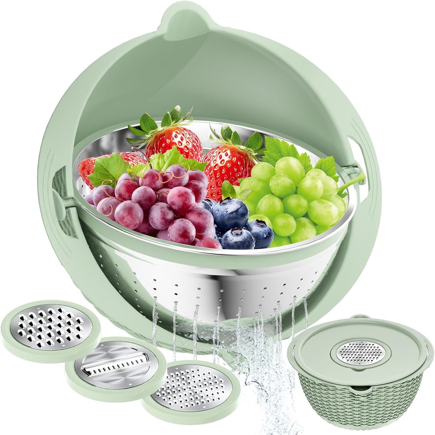 4 in 1 Colander with Bowl Set, Food Strainers and Colanders, Colander for Kitchen, Pasta Strainer, Fruit Washing Bowl, Kitchen Essentials Strainer Basket Bowl, Green