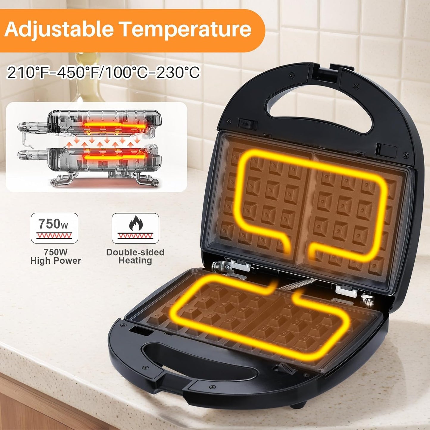 6-in-1 Waffle Maker with Removable Plates, Breakfast Sandwich Press Precise 210°F-450°F/100°C-230°C Control, Easy Clean, Meet Various Needs (6-in-1 Waffle Maker)