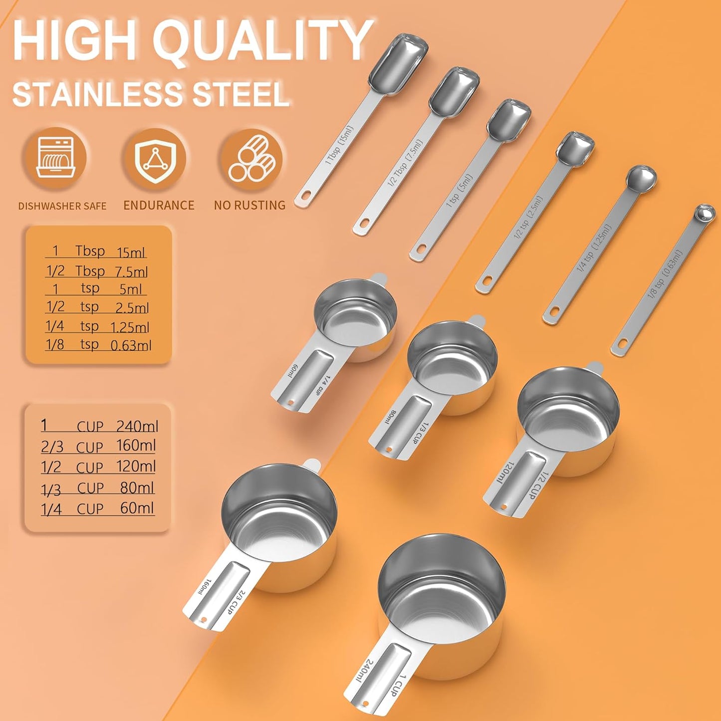 Stainless Steel Measuring Cups & Spoons Set for Cooking and Baking, Nesting Measuring Cups Measuring Spoons for Measuring Dry or Liquid Ingredients, Kitchen Gadgets, 11Pack