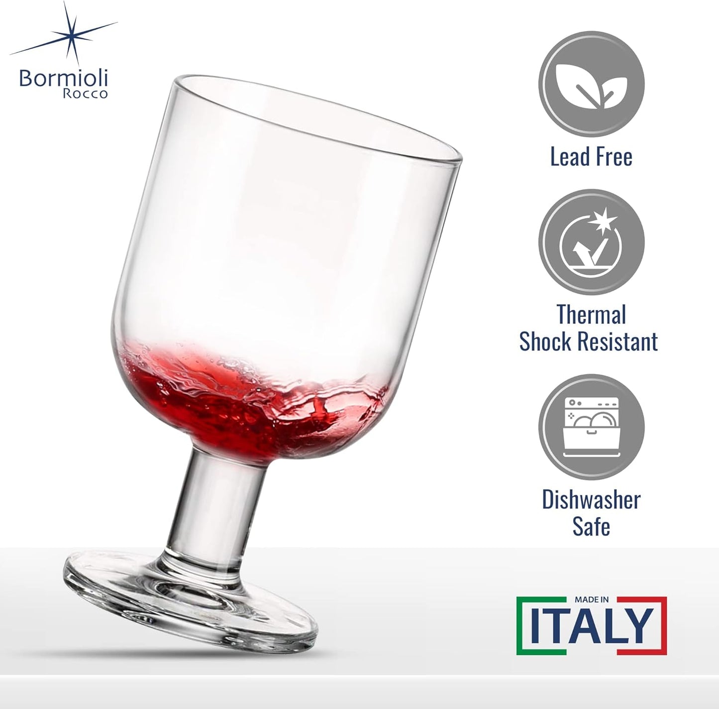 Bormioli Rocco Hosteria Set Of 6 Stackable Wine Glasses, 5.5 Oz. Goblet, Clear Tempered Glass, Made In Italy.