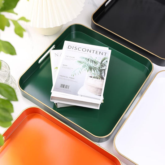 Green Square Decorative Tray with Handles, 13"*13" Versatile Serving Tray for Coffee Table, Ottoman, Ideal for Serving, Displaying, Organizing