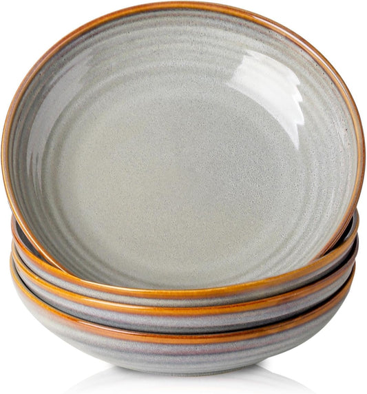 Hasense Pasta Bowls Set of 4, 32 Ounce Ceramic Serving Bowls for Kitchen, 8.7 Inch Shallow Serving Dishes for Salad, Pasta, Soup, Dishwasher & Microwave Safe, Light Grey