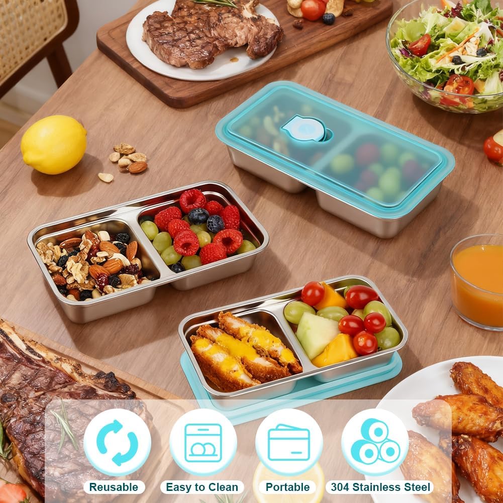YQL 3 Pack Stainless Steel Snack Containers with Lids, Double Compartment Snack Box for Lunch Prep, Reusable Leakproof Bento Box, Food Storage Containers for Travel, Office, Camping