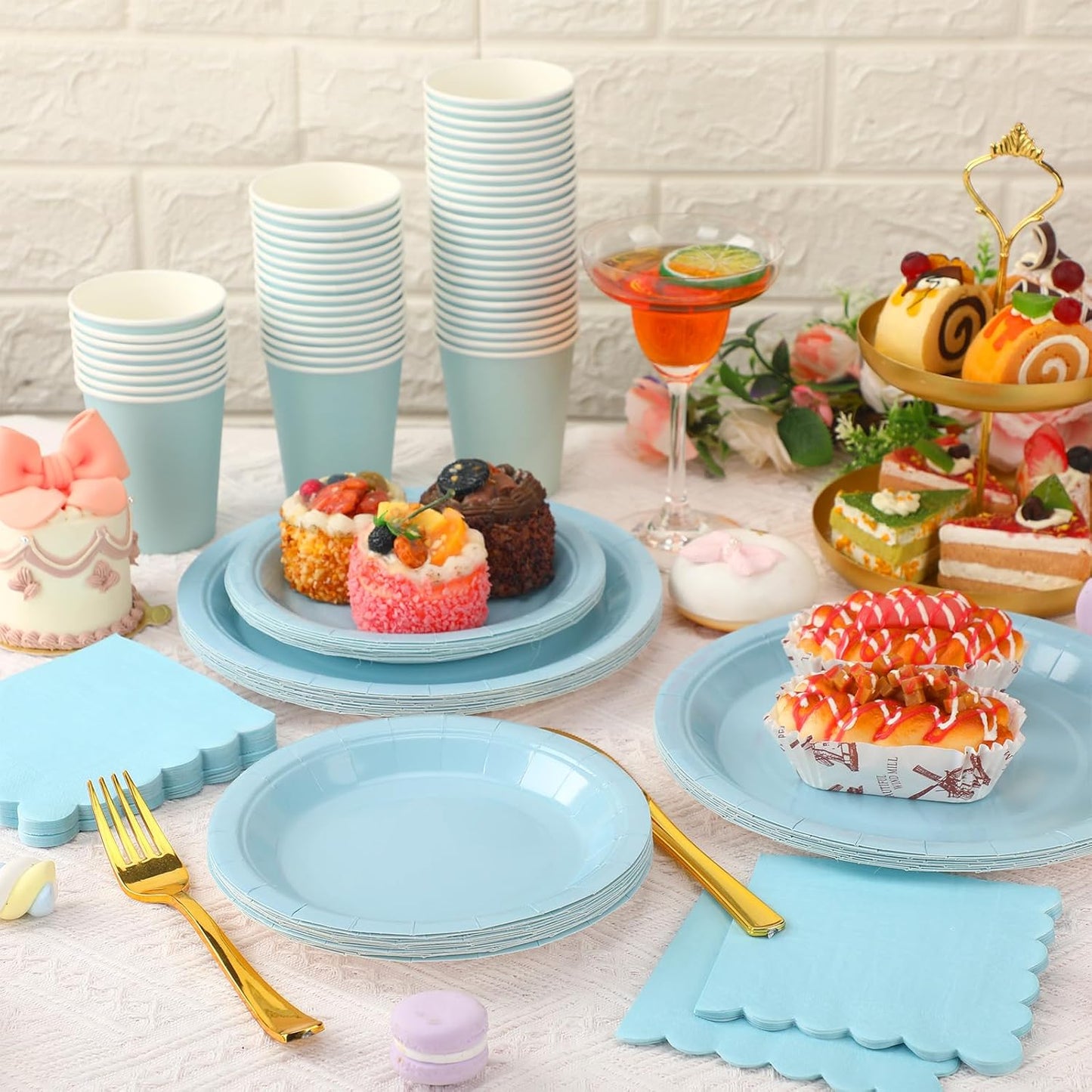 150 Pcs Disposable Party Dinnerware Supplies Set Includes 7'' 9'' Disposable Paper Plates 9oz Paper Cups Scalloped Cocktail Napkins for Baby Shower Birthday Wedding(Light Blue)