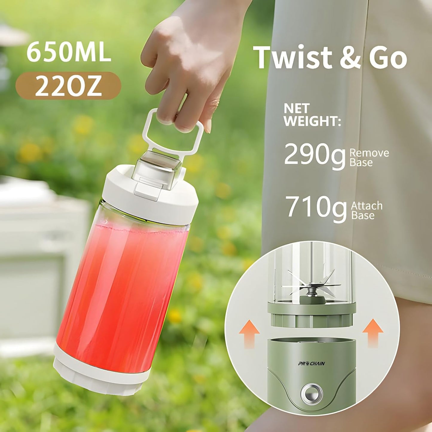 PROCHAIN Portable Blender, 22oz Cordless Personal Blenders, Electric USB Rechargeable Juicer, Smoothies, Ice Crush, Travel, Protein Shakes Cup, BPA-Free, Dishwasher Safe