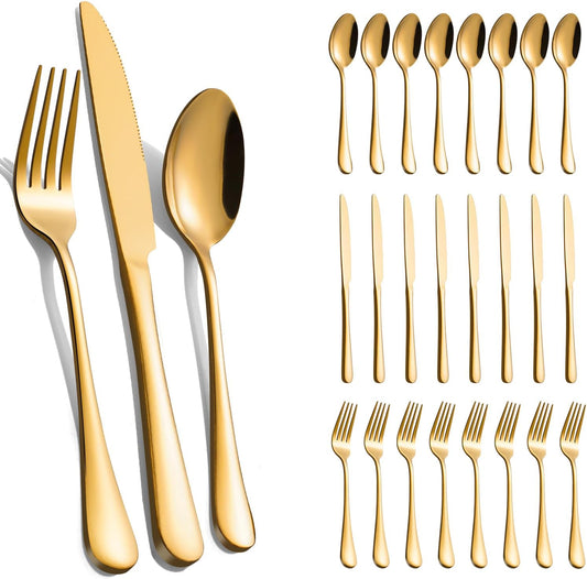 24-Piece Gold Silverware Set for 8 - Stainless Steel Flatware Cutlery Set, Mirror Polished Gold Flatware Set Include Forks Spoons Knives for Home Wedding Restaurant, Dishwasher Safe, 24 PCS