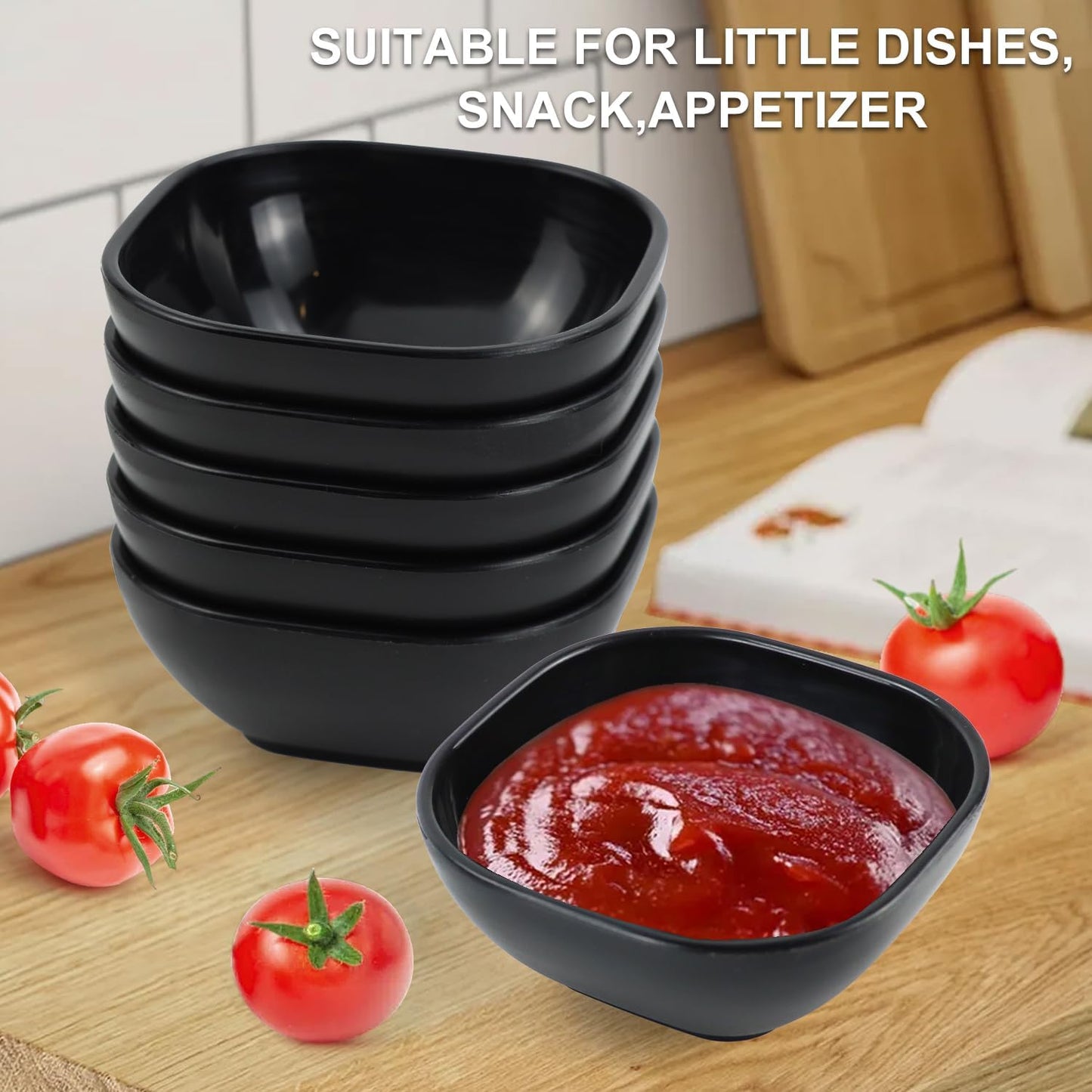 Wrova 6 pack wheat straw dipping bowls 5oz,alternative plastic soy sauce dishes,unbreakable small dessert bowls microwave and dishwasher safe for snack,sushi,condiment (Black Series)