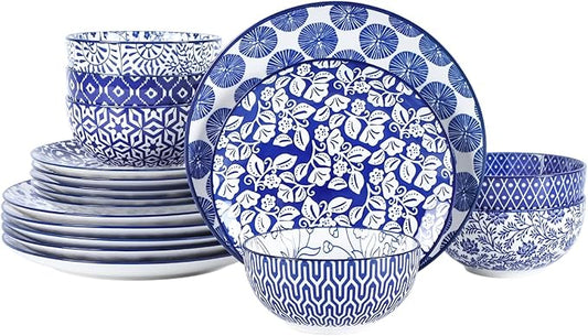 Selamica Ceramic Dinnerware Sets for 6, 18 Pieces Plates and Bowls Set, Scratch Resistant Dishes Set, Dishwasher&Microwave Safe, Vintage Blue