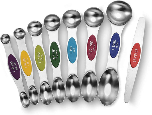 Magnetic Measuring Spoons Set - Stainless Steel Stackable Dual Sided Teaspoon Tablespoon for Measuring Dry and Liquid Ingredients, Measuring Spoons for Cooking & Baking, Fits in Spice Jars, Set of 8