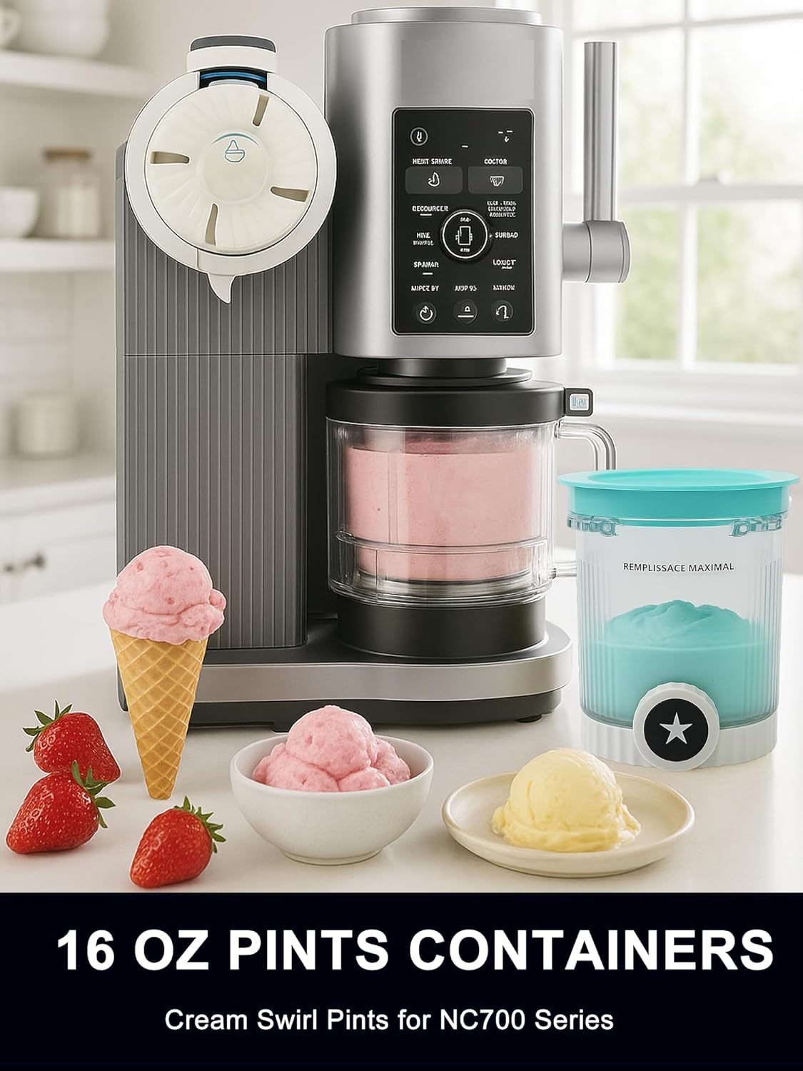 2 Pack Pint Containers Replacement for Ninja Creami Swirl NC700/NC701 Series, 16oz BPA-Free Ice Cream Pints with Lids, Leak-Proof & Dishwasher Safe (Blue/Pink)