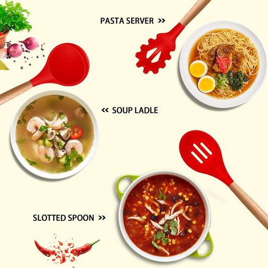 MIBOTE Silicone Cooking Utensils Kitchen Utensil Set - 446°F Heat Resistant,Turner Tongs, Spatula, Spoon, Whisk, Wooden Handle Kitchen Gadgets with Holder for Nonstick Cookware Christmas (Red)