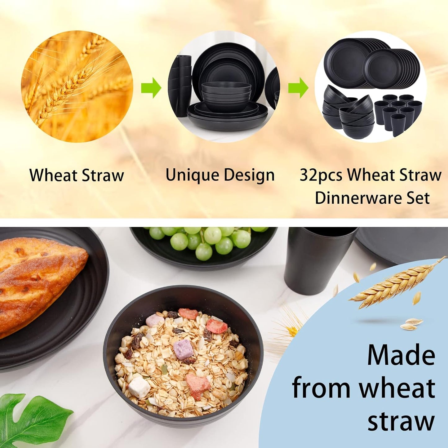 Supernal Wheat Straw Dinnerware Sets,Plates and Bowls Set, Dish Sets for 8, Unbreakable Plate for 8 Dishwasher Safe,Reusable Dinnerware Black-16pcs Plates, 8pcs Bowls, 8pcs Cups.