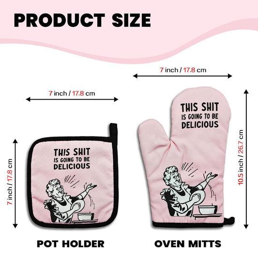 Funny Oven Mitts and Pot Holders Set This Sxxt is Going to Be Delicious Heat Resistant Mitts Adult Humor Silicone Non-Slip Oven Mitts Funny Kitchen Decor Gifts for Women Housewife Friend