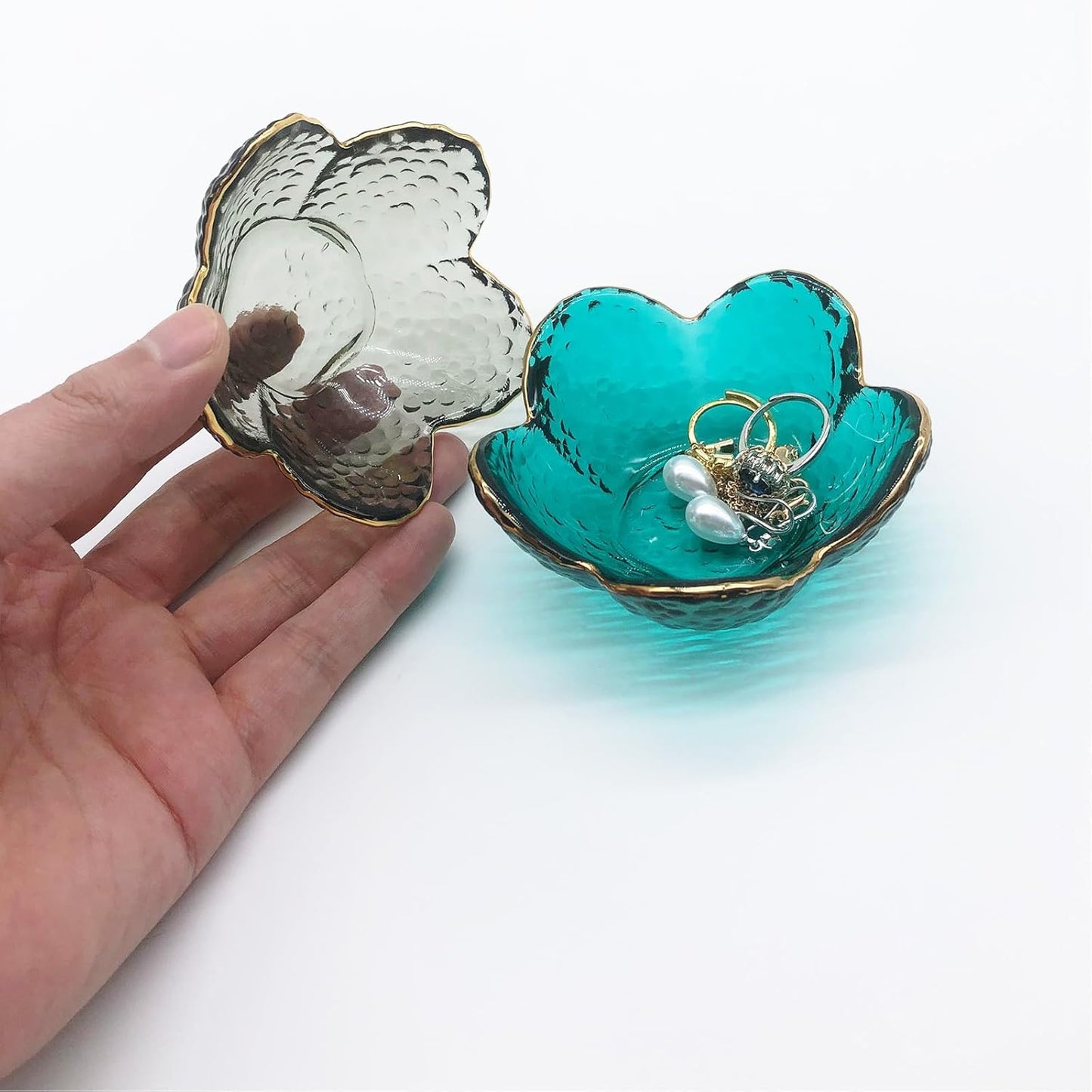 Green Flower Ring Jewelry Tray, Small Glass Jewelry Dish for Women, Room Decor Trinket Tray for Earrings Necklaces, Wedding Engagement Ring Holder, Key Dish Jewelry Plate Bowl Gift