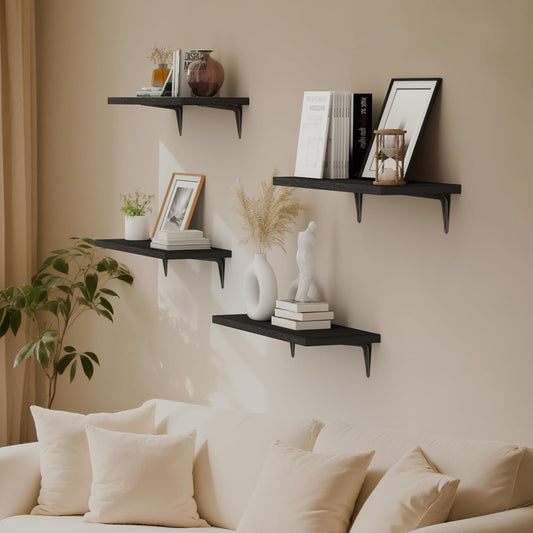 SKYSEN Floating Shelves for Wall Set of 6, 15.7in Wood Wall Shelf for Decor, Bathroom, Bedroom, Storage, Book,Kitchen, Living Room - Black(fs-40-b)