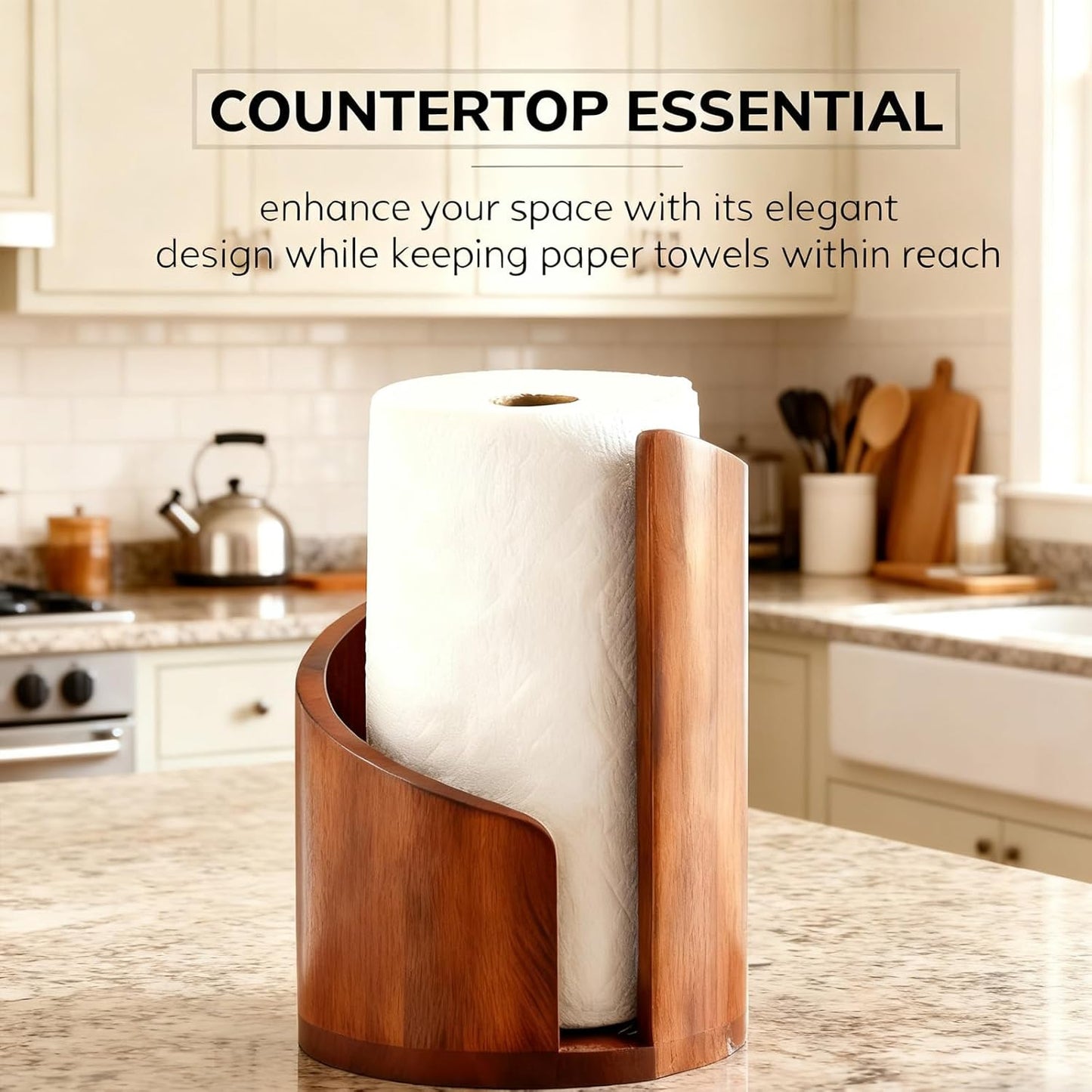 Mountain Paper Towel Holder Countertop with Mango Wood and Iron Round Base, Effortless One-Hand Tear Modern Kitchen Towel Dispenser for Counter, Cabinet, Farmhouse Kitchen (Brown)