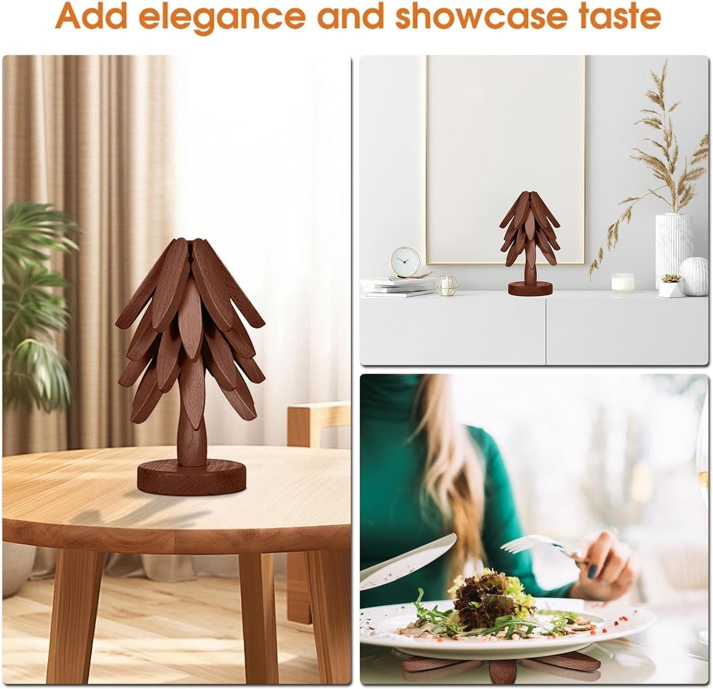 Wooden Cup Coaster Set，Tree Shape Trivet Set,Tree Coasters- 4 Wooden Trivets + 1 Stand stored for hot Dish/Pot/Bowl/teapot/hot Pot Set (Brown)