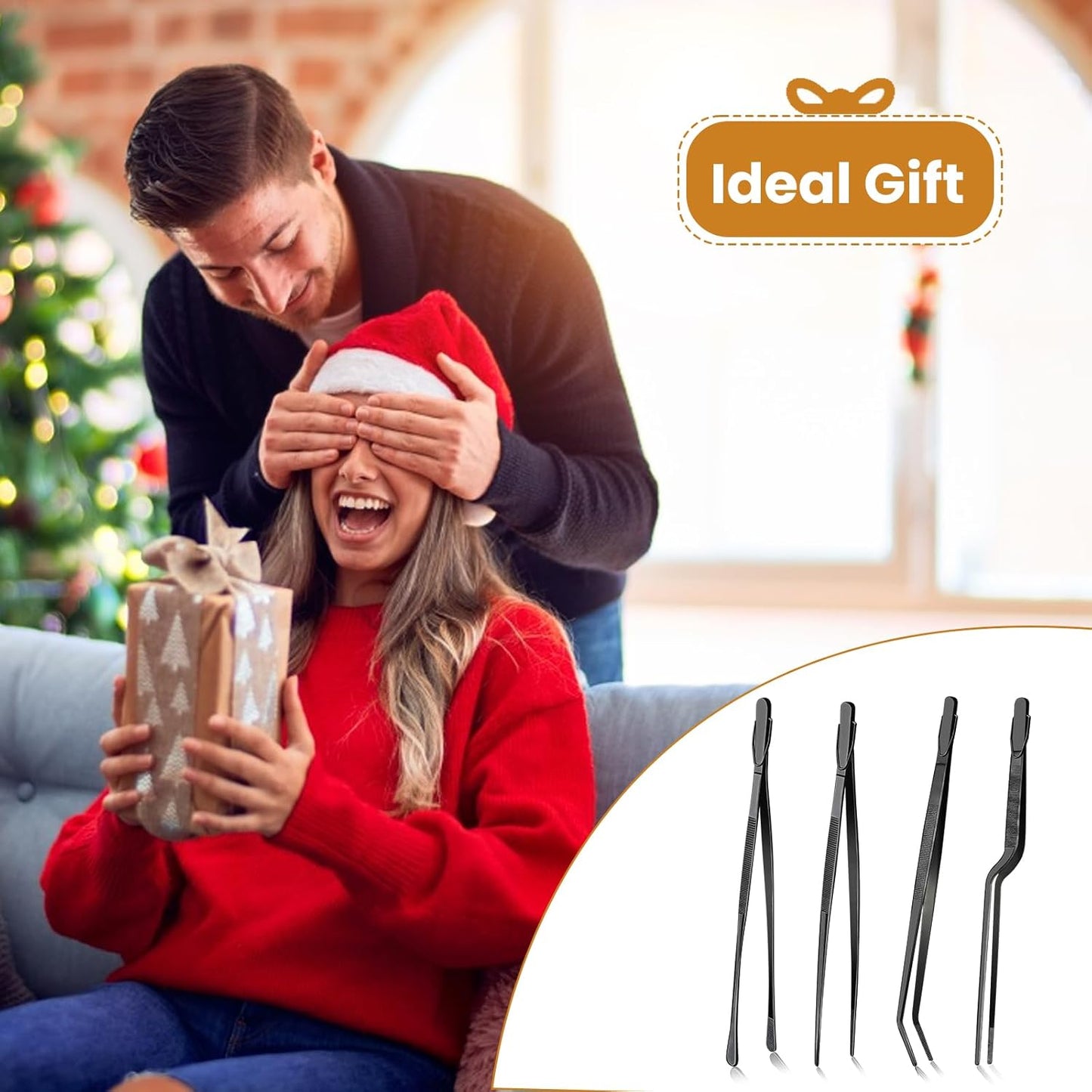 GEEKHOM 4 Pcs 12-Inch Black Heavy Duty Tweezer Tongs, Commercial Grade Stainless Steel for Grill Masters, BBQ Catering & Outdoor Cooking